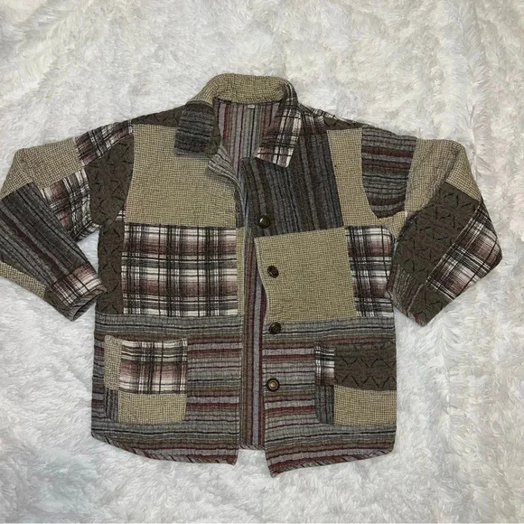 Vintage Quilted Patchwork Earth Toned / Neutral Button Up Jacket/Cardigan Medium - Picture 2 of 7